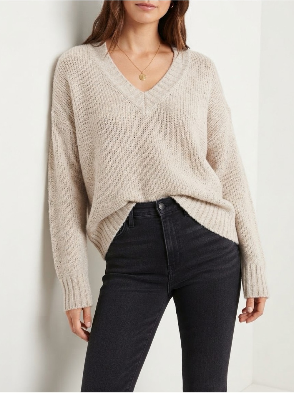 Oversized Beige V-Neck Knit Sweater Lightweight Pullover Women's Size XL